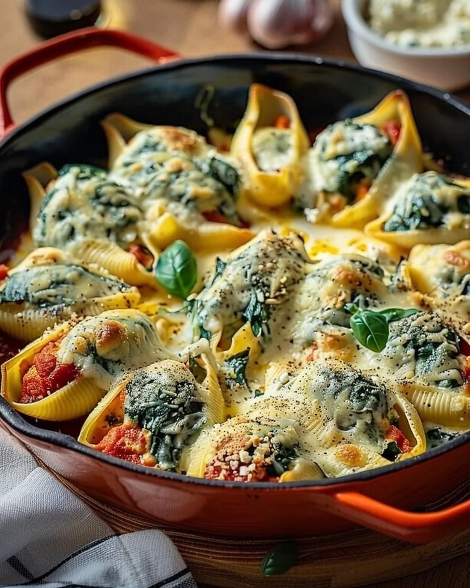 Delicious spinach and ricotta stuffed shells on a plate