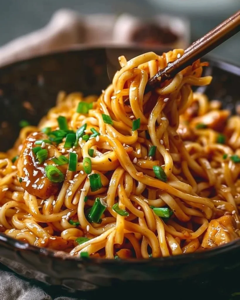 Delicious sticky garlic chicken noodles served in a bowl