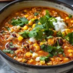 Street Corn Chicken Chili in a bowl topped with fresh cilantro and lime