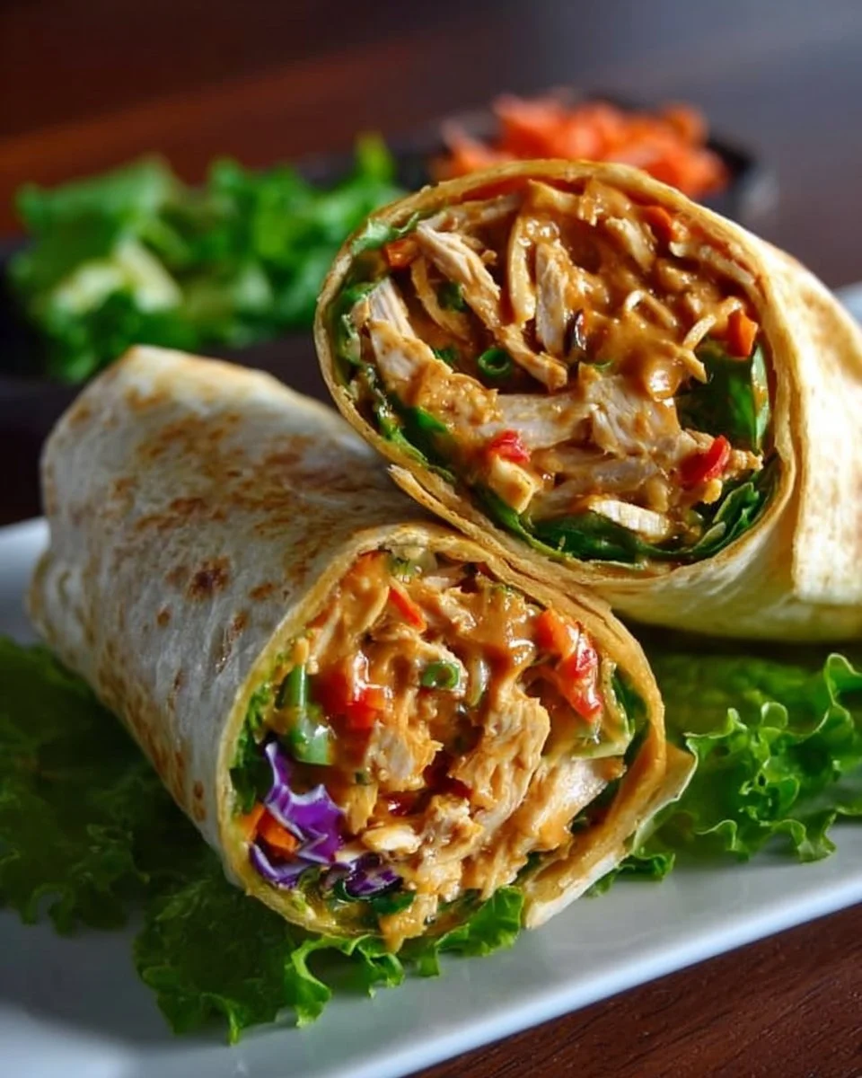 Thai Peanut Chicken Wraps with fresh vegetables and savory sauce