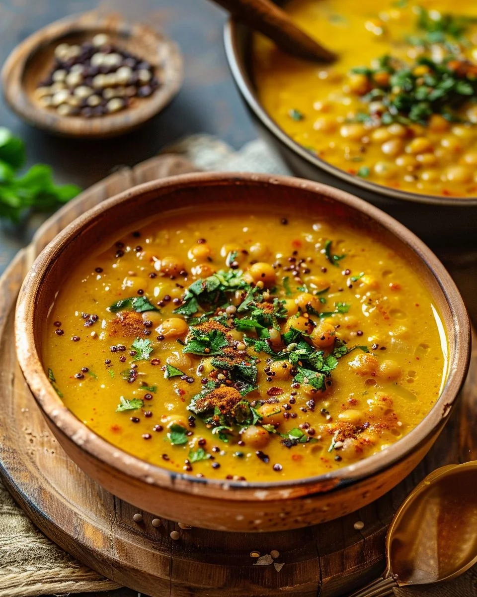 Bowl of Vegan Curry Lentil Soup garnished with fresh herbs