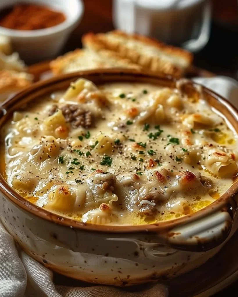 Bowl of creamy Alfredo Lasagna Soup topped with herbs and cheese