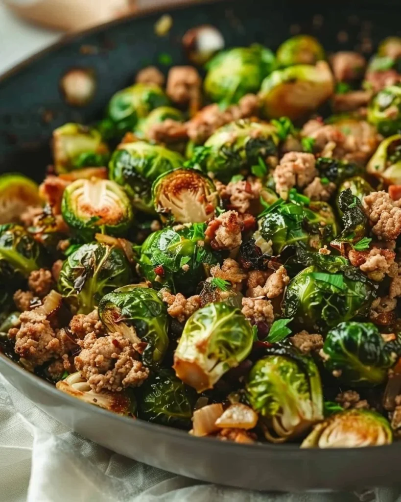 Brussels sprouts and ground turkey skillet dish with vibrant vegetables.