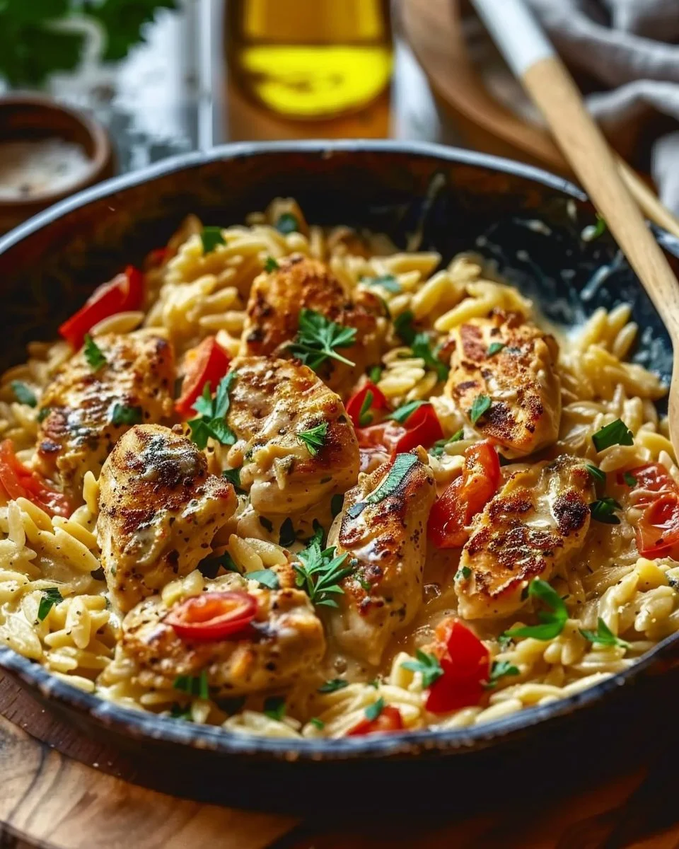 Delicious Cajun chicken alfredo orzo served in a creamy sauce with spices.