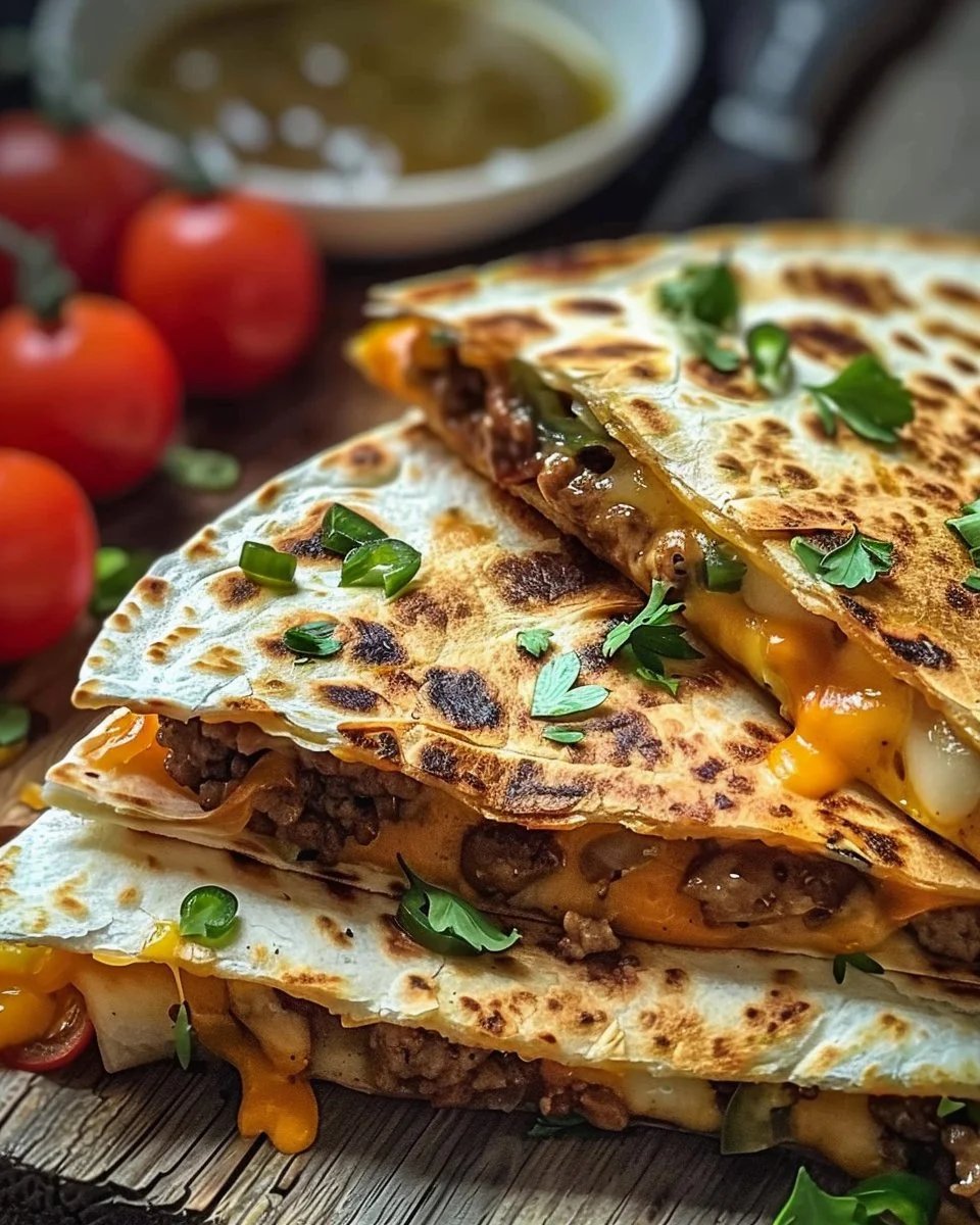 Delicious cheeseburger quesadilla filled with melted cheese and beef.
