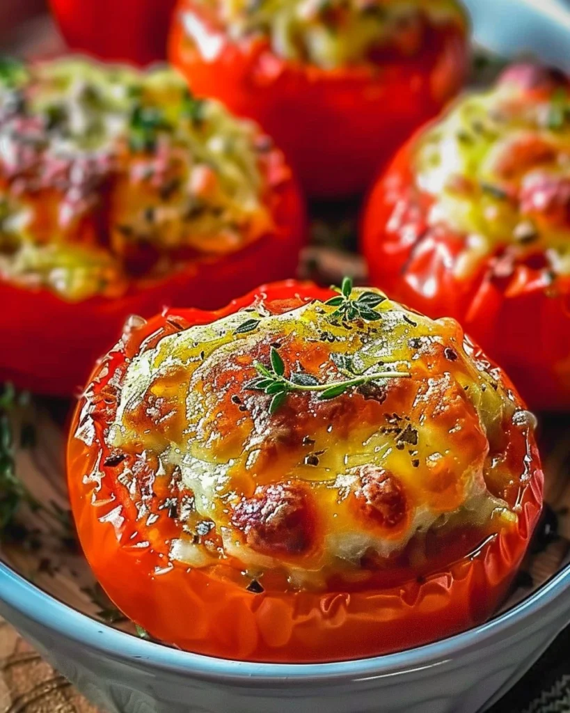 Cheesy baked stuffed tomatoes fresh out of the oven, topped with herbs.