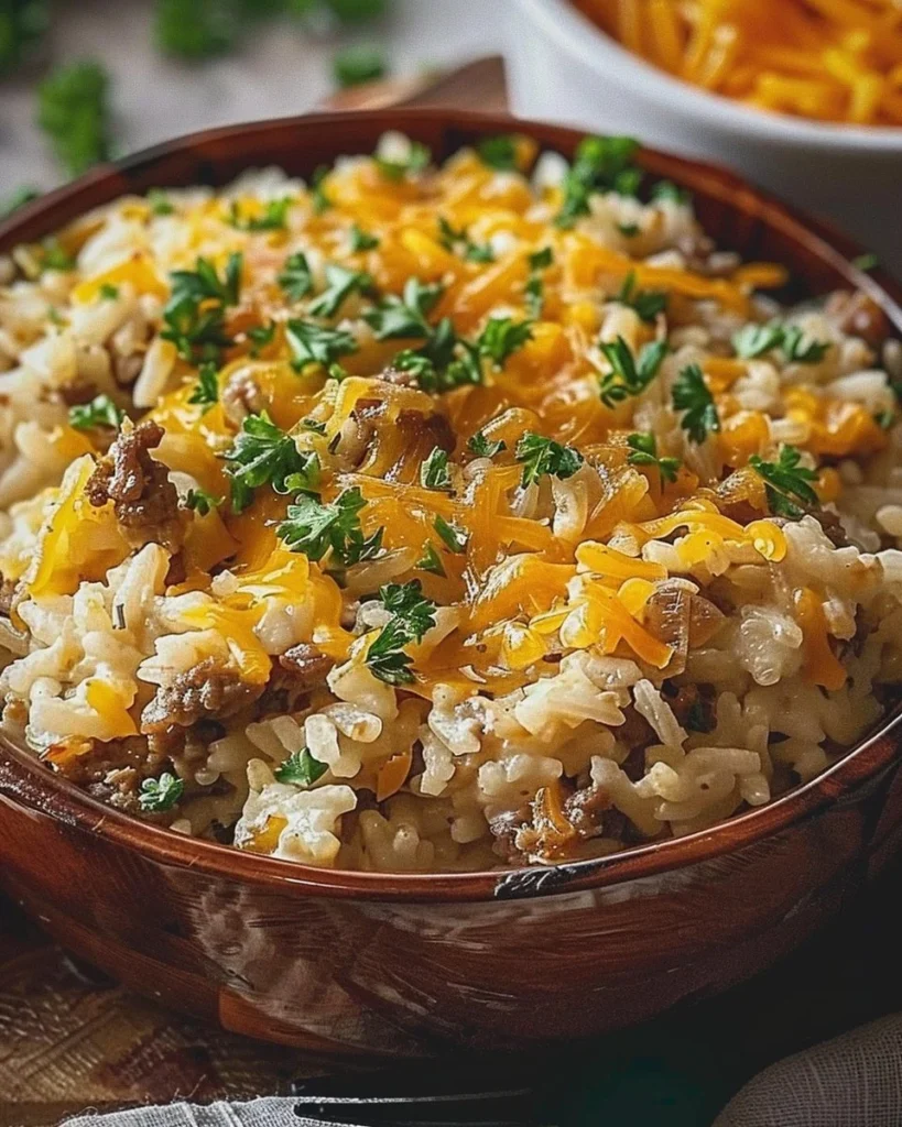 Delicious cheesy hamburger rice casserole baked to perfection in a serving dish.