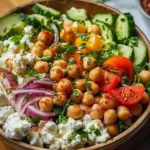 Healthy Cottage Cheese and Chickpeas Salad with fresh vegetables