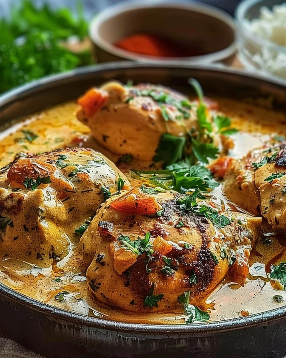Creamy coconut milk chicken served with fresh herbs and spices