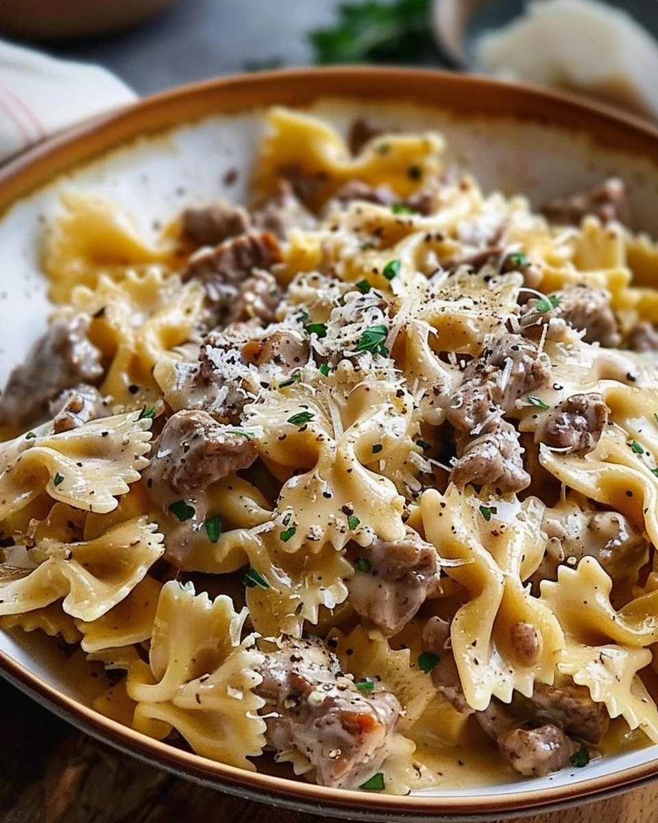 Creamy Parmesan Garlic Beef Bowtie Pasta 1 Creamy Parmesan Garlic Beef Bowtie Pasta garnished with herbs in a bowl.