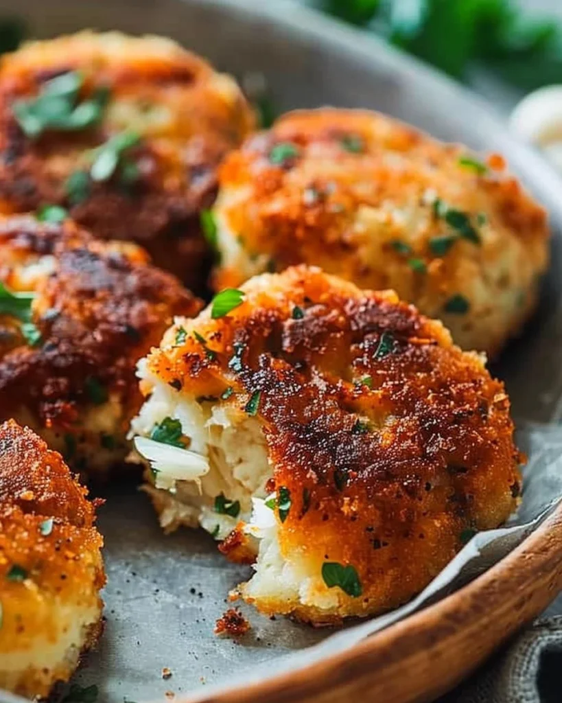 Crispy air fryer fish cakes made with garlic and parsley, served on a plate