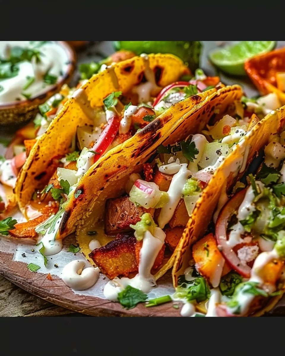 Crispy Potato and Bean Street Tacos with Spicy Creamy Dip