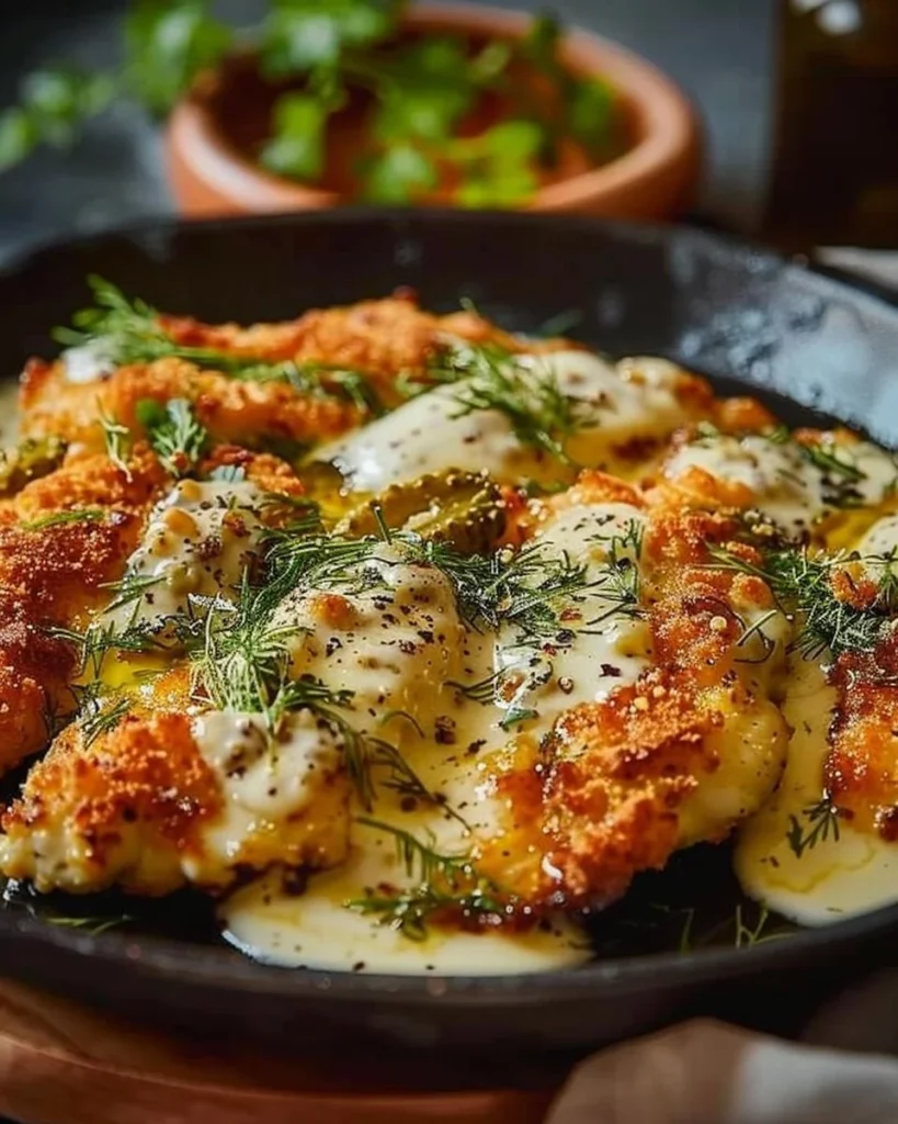 Delicious Dill Pickle Parmesan Chicken served on a plate with garnishes.