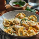 Delicious Dreamy Creamy Tuscan Ravioli served with fresh herbs and cheese