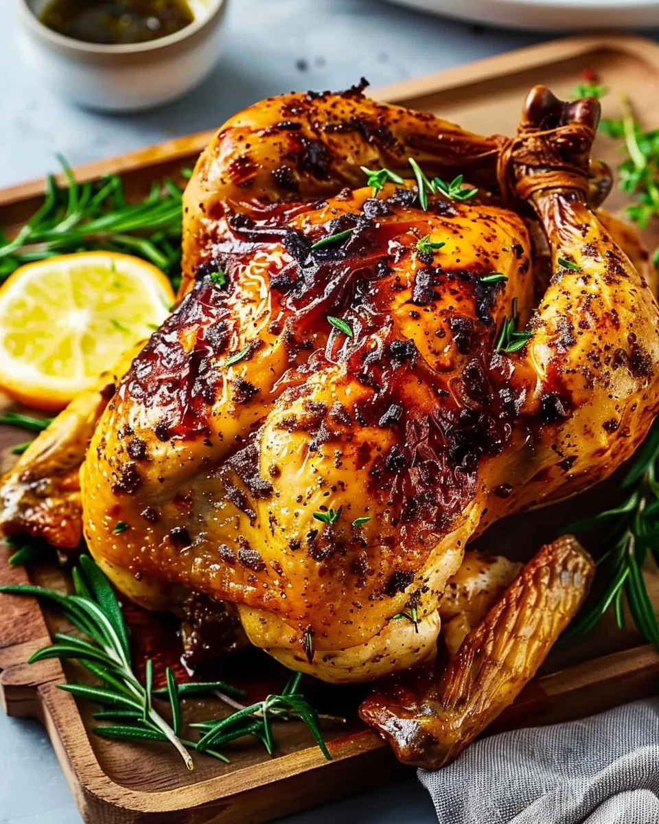 Crispy and juicy air fryer whole chicken served with herbs and vegetables.