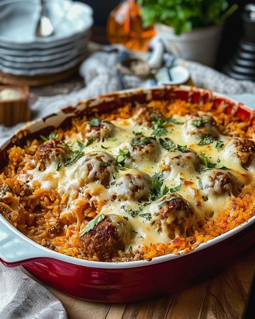 Easy cheesy meatball and rice casserole for a quick family dinner
