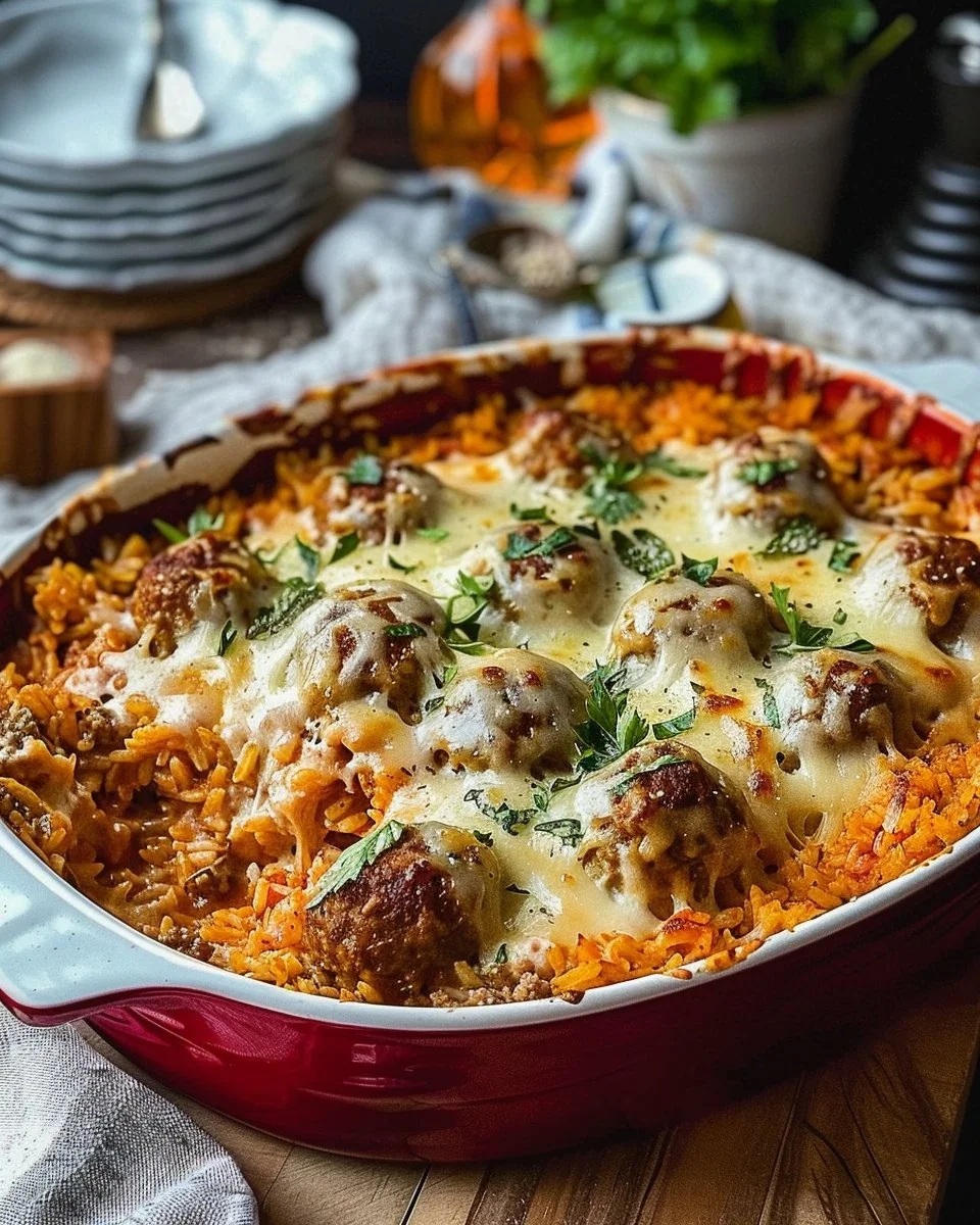Easy Cheesy Meatball & Rice Dinner Casserole