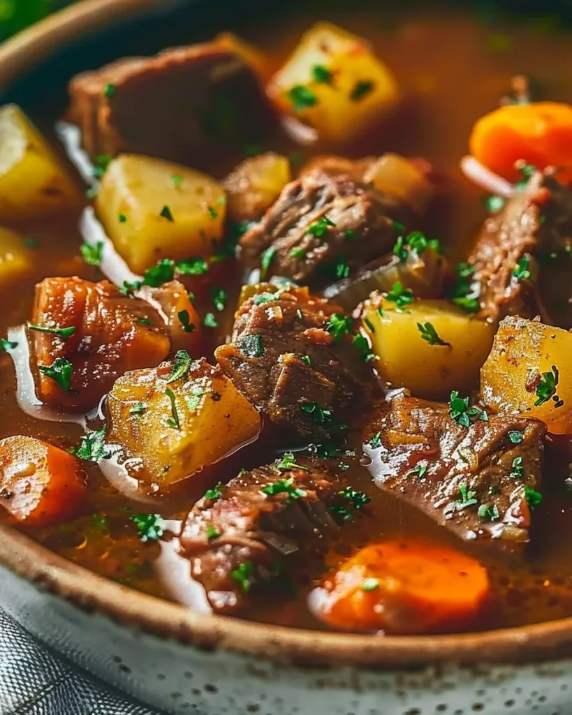 Bowl of easy Pioneer Woman's Crockpot beef stew with vegetables and herbs