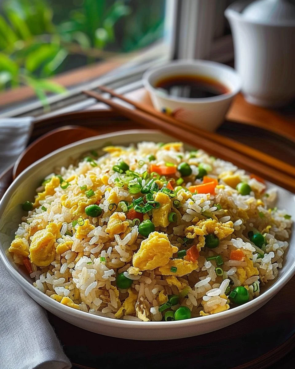 Egg Fried Rice 1 Plate of savory Egg Fried Rice with vegetables and egg, ready to serve.