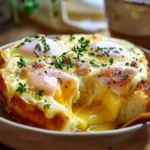 Delicious Eggs Benedict Casserole topped with hollandaise sauce
