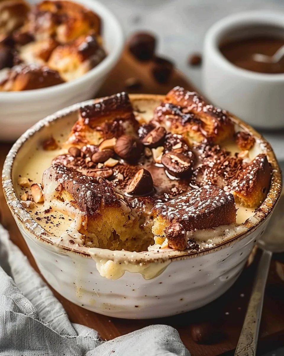 Espresso Orange Brioche Bread Pudding with Hazelnut Vanilla Sauce