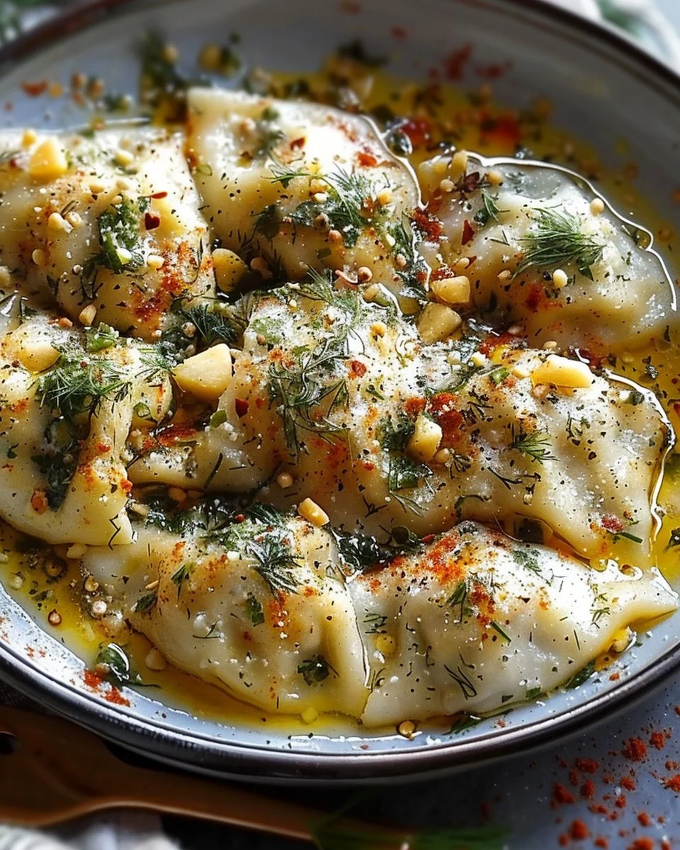 Feta Dumplings with Pine Nut, Fresno Pepper, and Dill Sauce 2 Feta Dumplings with Pine Nut, Fresno Pepper, and Dill Sauce