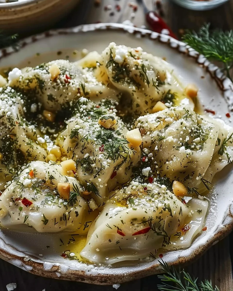 Feta Dumplings with Pine Nut, Fresno Pepper, and Dill Sauce 3 Feta Dumplings with Pine Nut, Fresno Pepper, and Dill Sauce