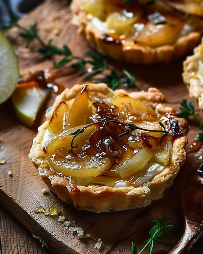 Gluten-Free Apple Brie Tarts with caramelized onions and honey on a plate