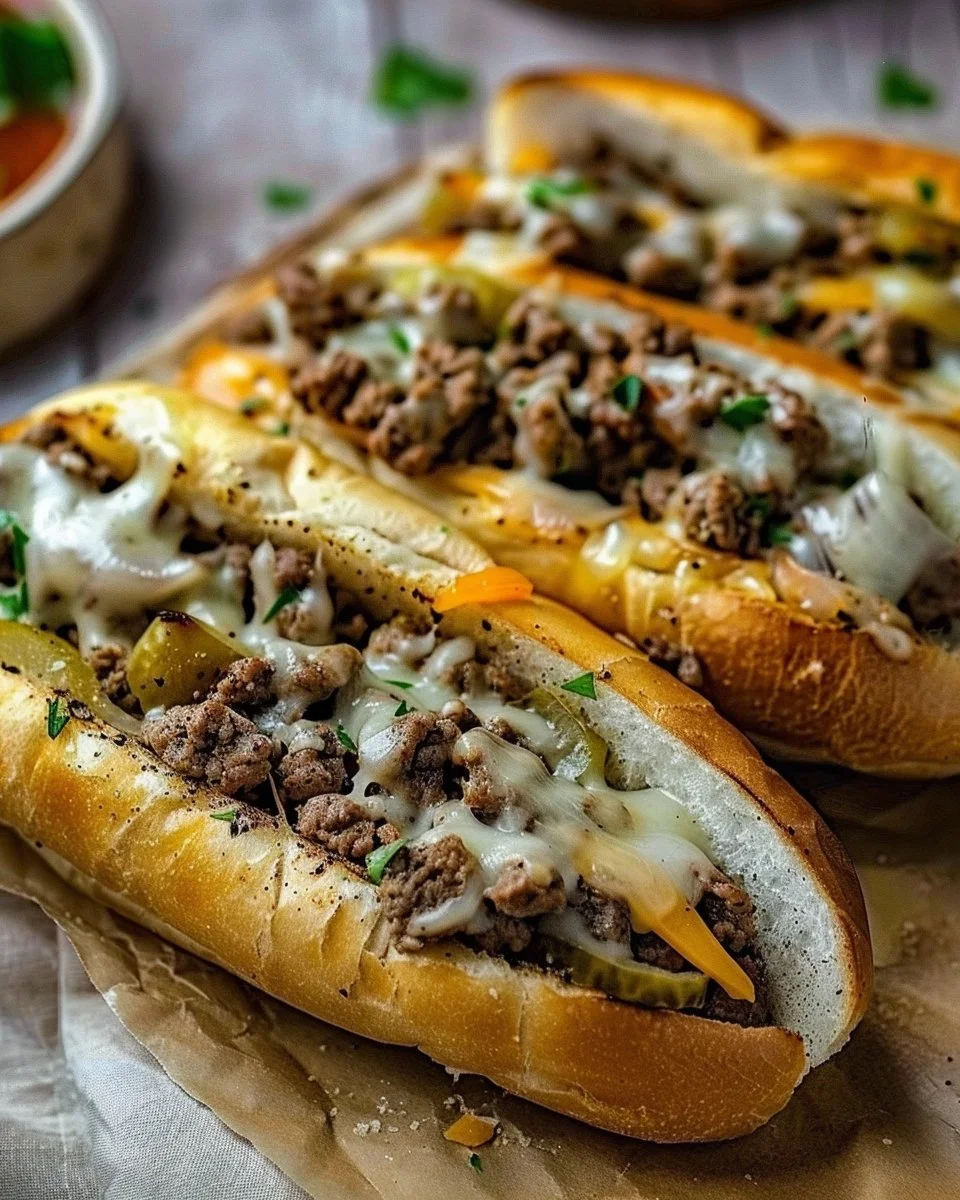 Delicious Ground Beef Philly Cheesesteaks with melted cheese and fresh toppings.