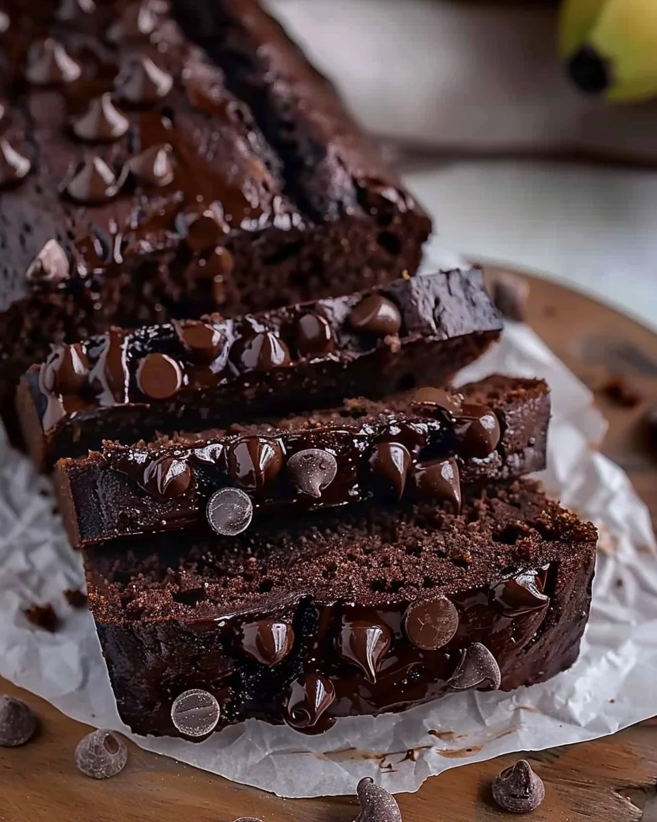 Guilt-Free Chocolate Banana Bread 1 Guilt-free chocolate banana bread with banana slices and chocolate chips
