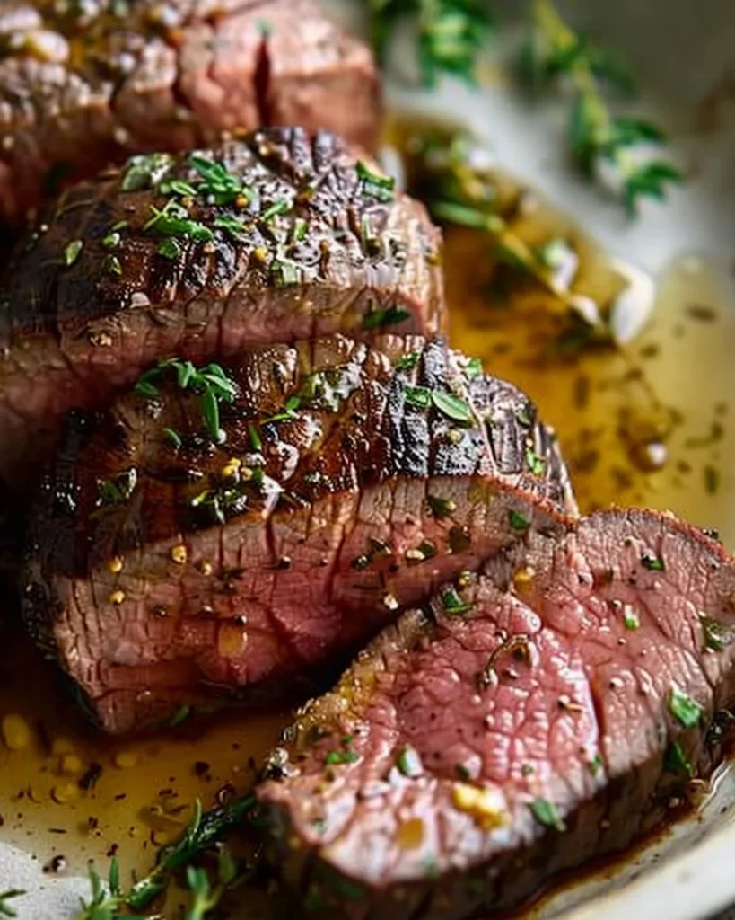 Herb-roasted beef tenderloin served with savory pan sauce on a rustic plate