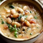 A comforting bowl of high protein white bean soup garnished with herbs.