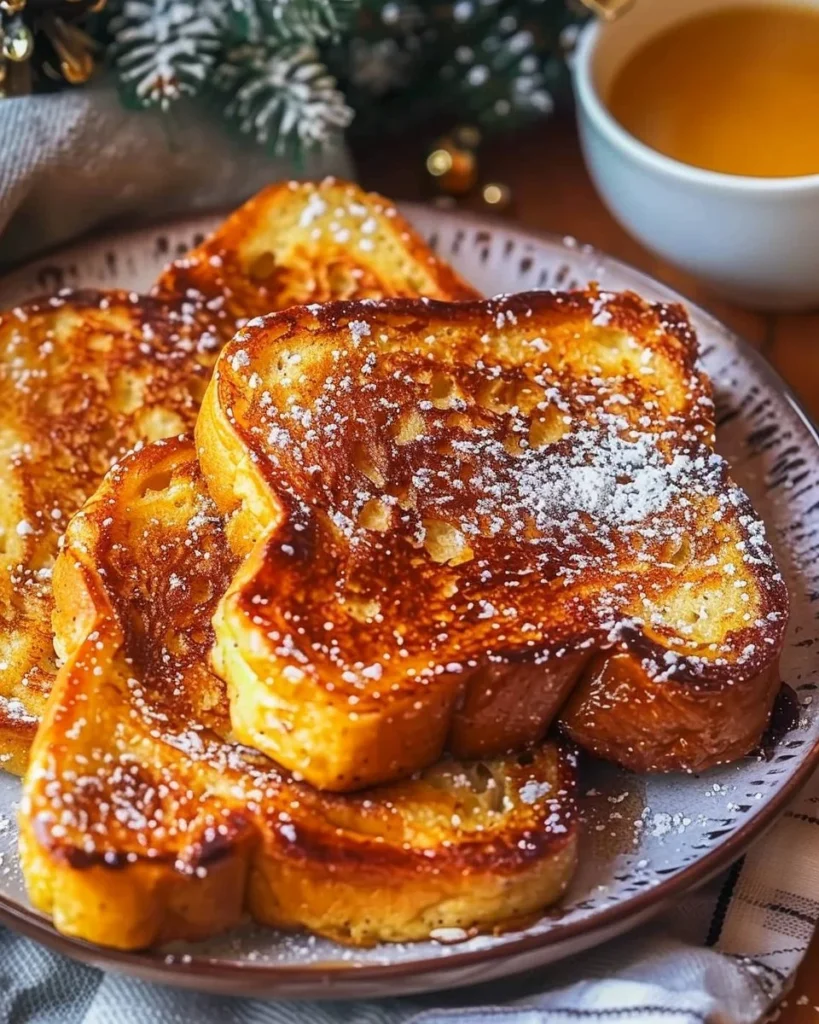 Delicious Holiday Eggnog French Toast topped with powdered sugar and cinnamon.