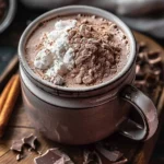 A warm mug of hot cocoa mix topped with whipped cream and chocolate shavings
