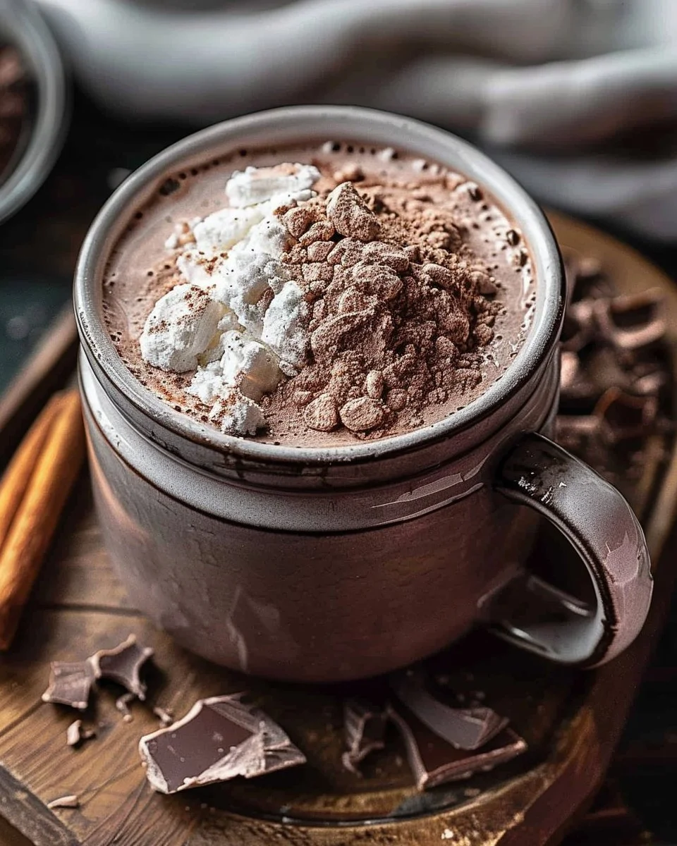 A warm mug of hot cocoa mix topped with whipped cream and chocolate shavings