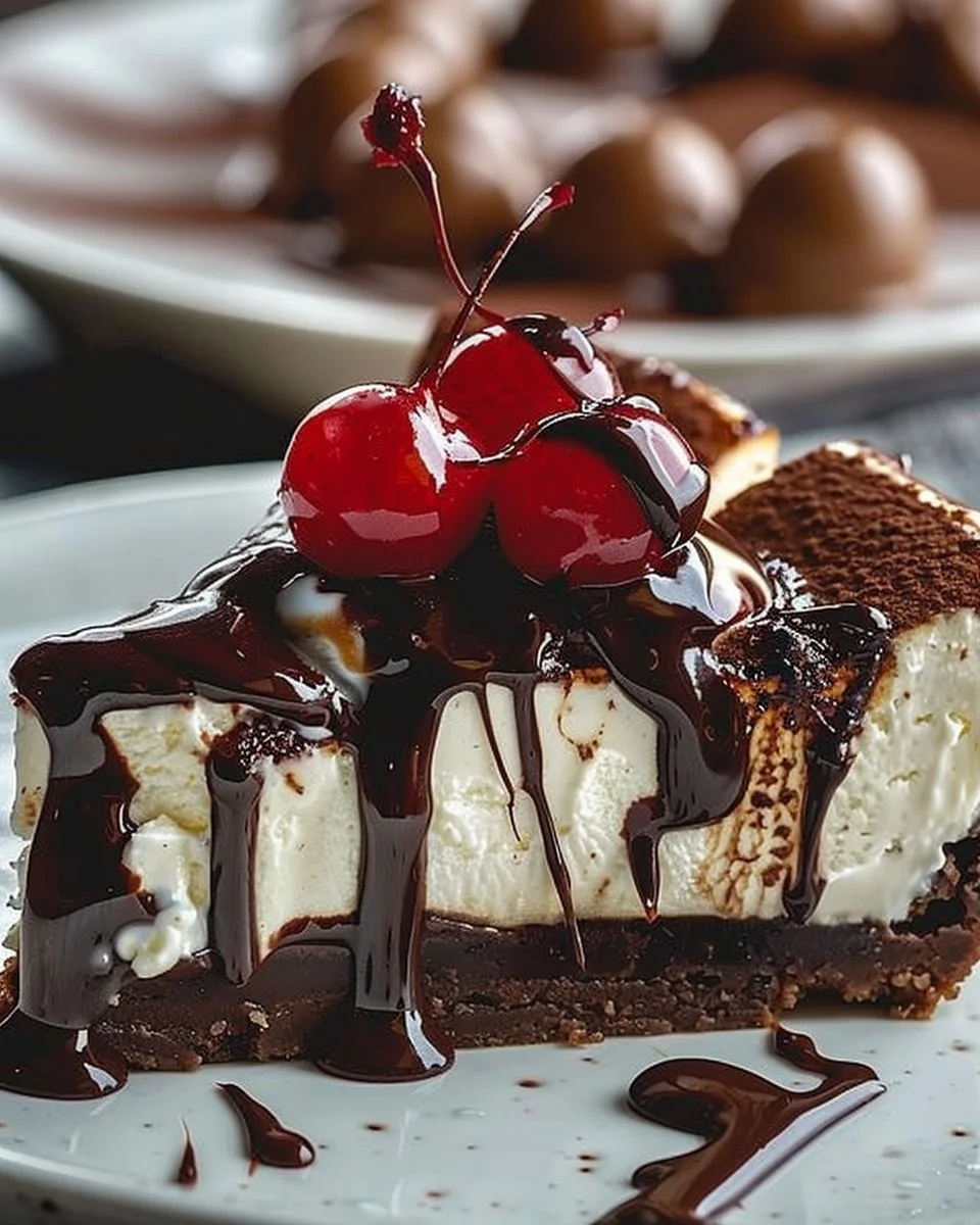 Delicious hot fudge sundae brownie cheesecake served with whipped cream and chocolate drizzle.