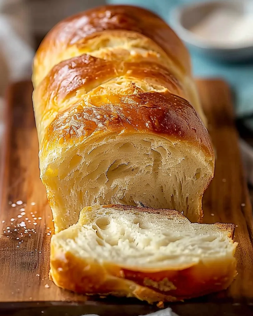 Freshly baked Amish white bread sitting on a wooden table.