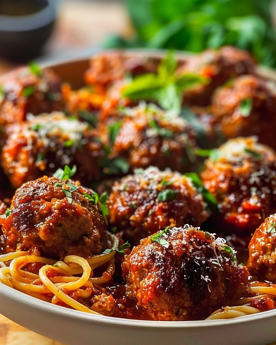Plate of delicious homemade Italian meatballs served with marinara sauce