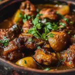 Delicious Jamaican Brown Stew Chicken served with rice and vegetables