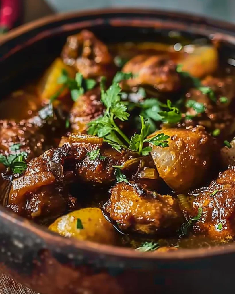 Delicious Jamaican Brown Stew Chicken served with rice and vegetables