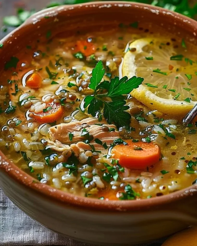 Delicious Lemon-Garlic Chicken served with rice and lentil soup.