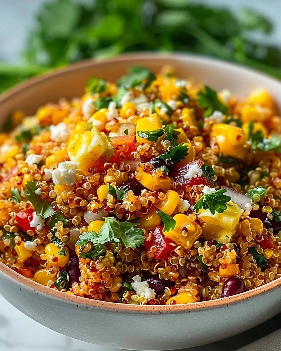 Mexican Street Corn Quinoa Salad garnished with cilantro and lime
