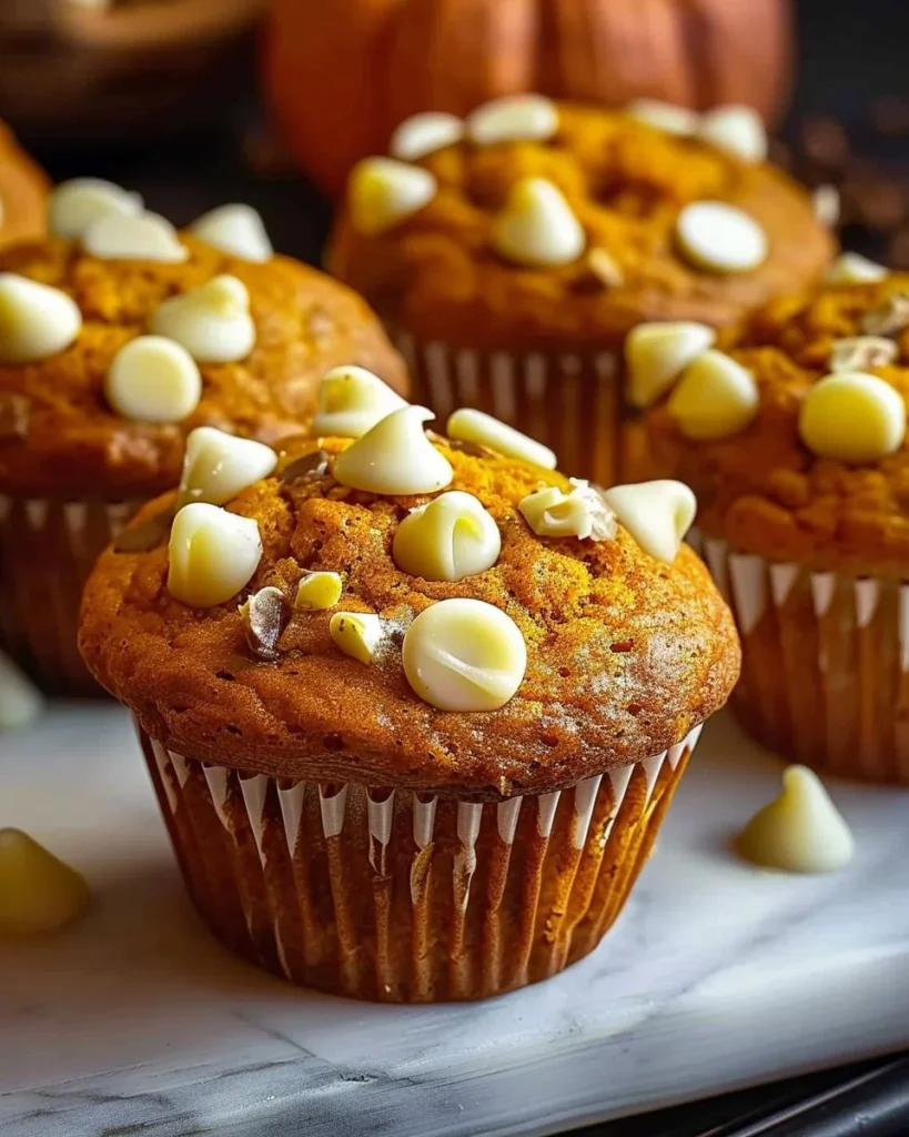 Moist pumpkin white chocolate chip muffins fresh out of the oven