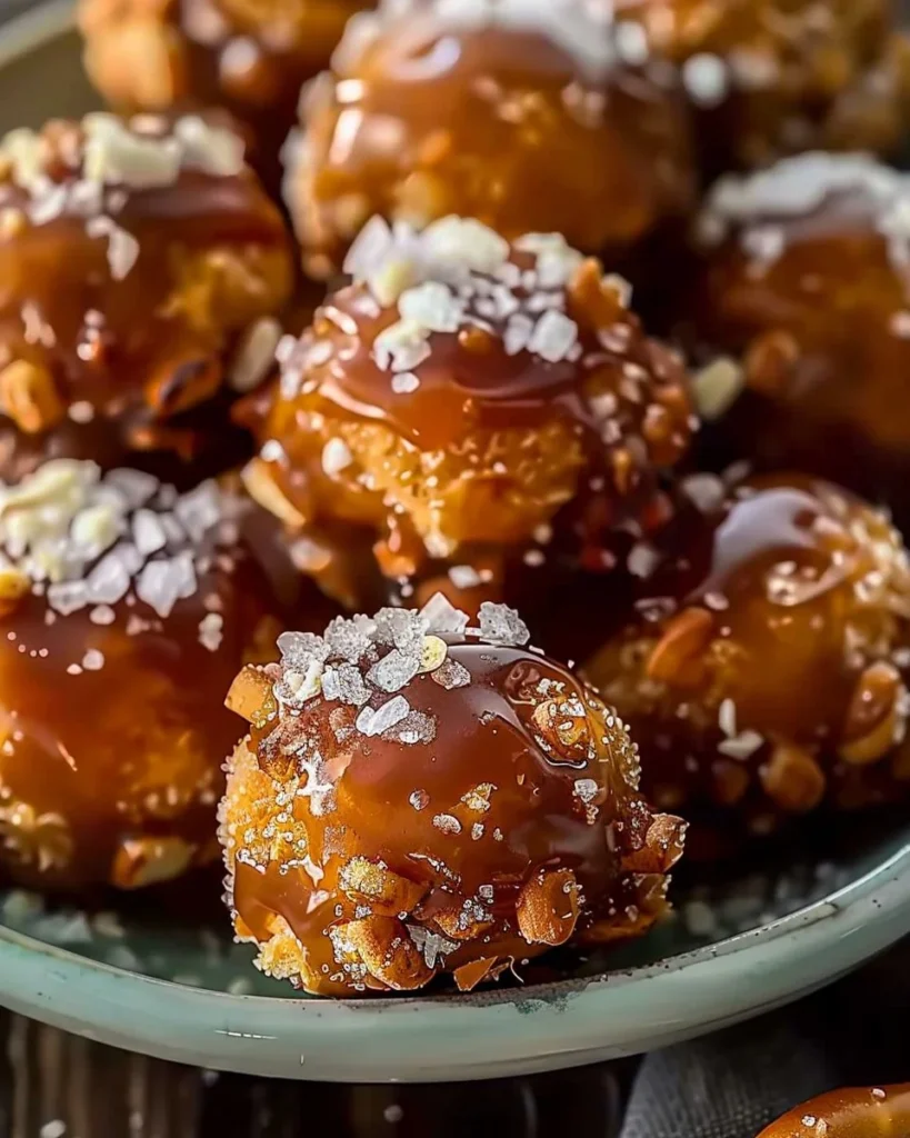 No-bake salted caramel pretzel bites stacked on a plate