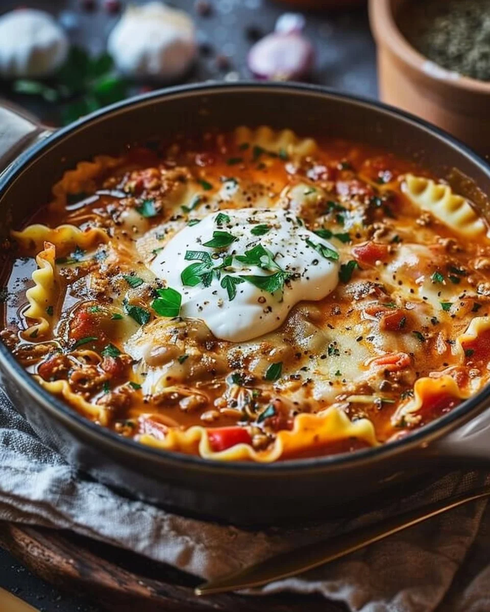 Delicious one-pot lasagna soup garnished with cheese and herbs