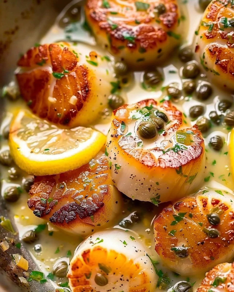 Pan-Seared Scallops with Lemon-Garlic Caper Butter Sauce 1 Pan-seared scallops with lemon-garlic caper butter sauce on a plate