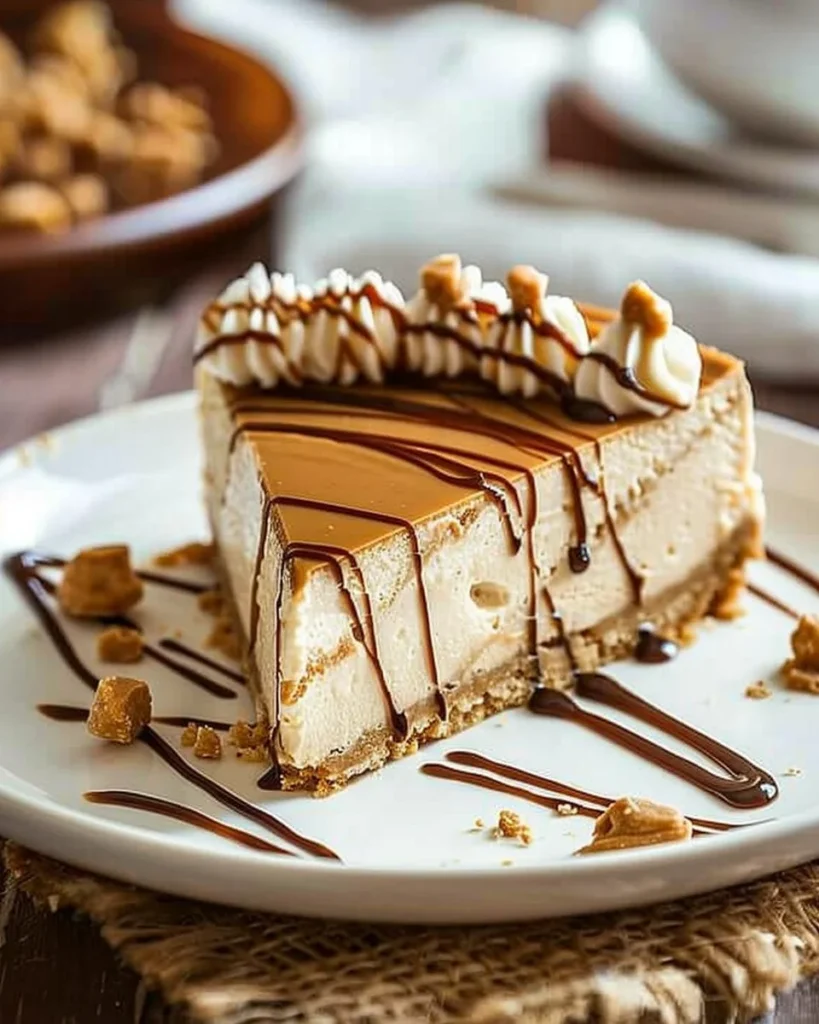 Delicious Peanut Butter Cheesecake topped with chocolate and peanuts.