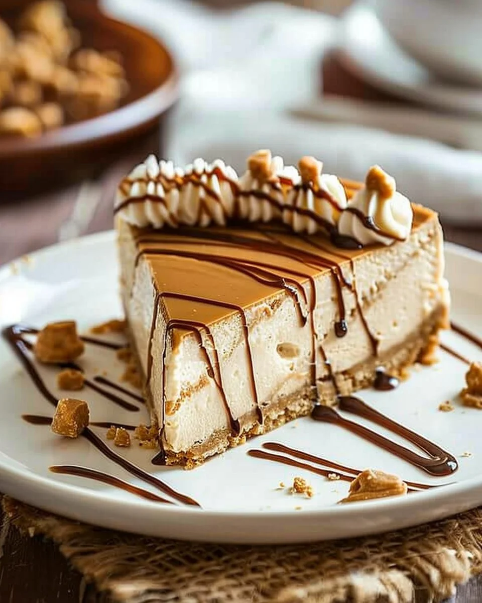 Delicious Peanut Butter Cheesecake topped with chocolate and peanuts.