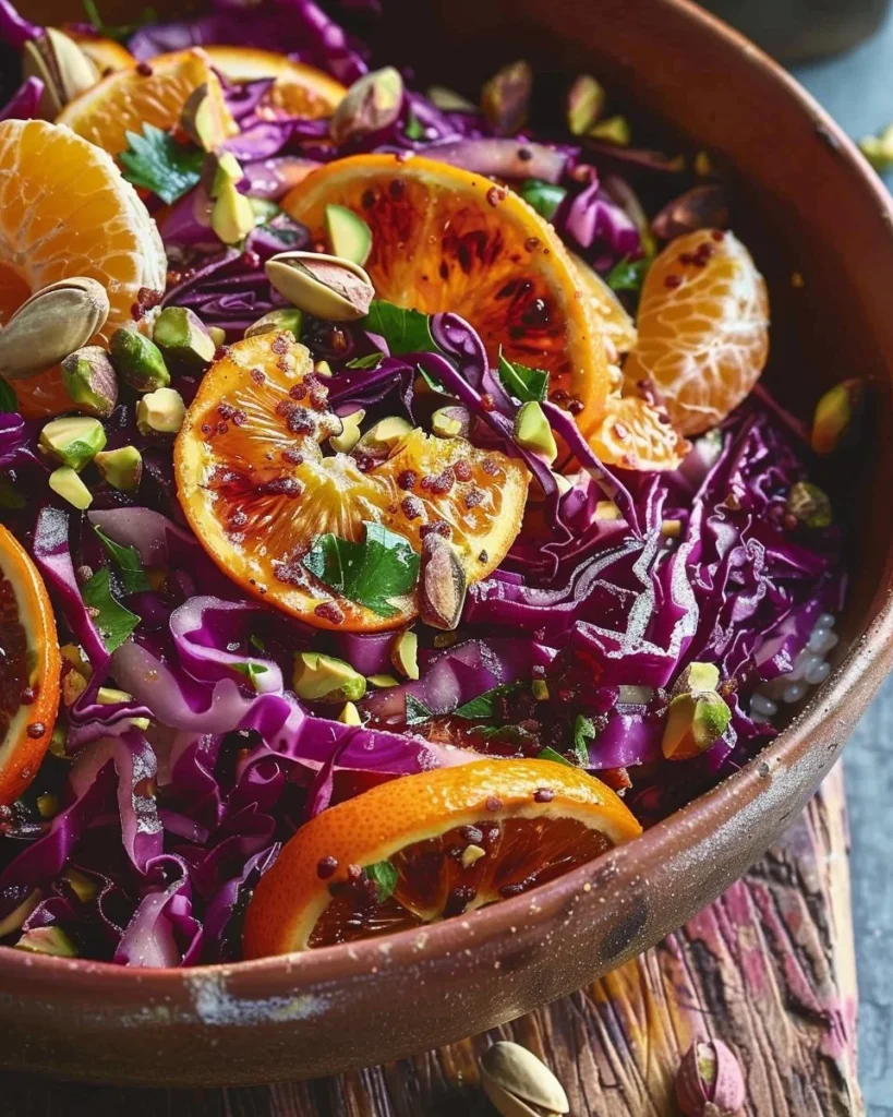 A colorful red cabbage salad with clementines and pistachios served in a bowl.