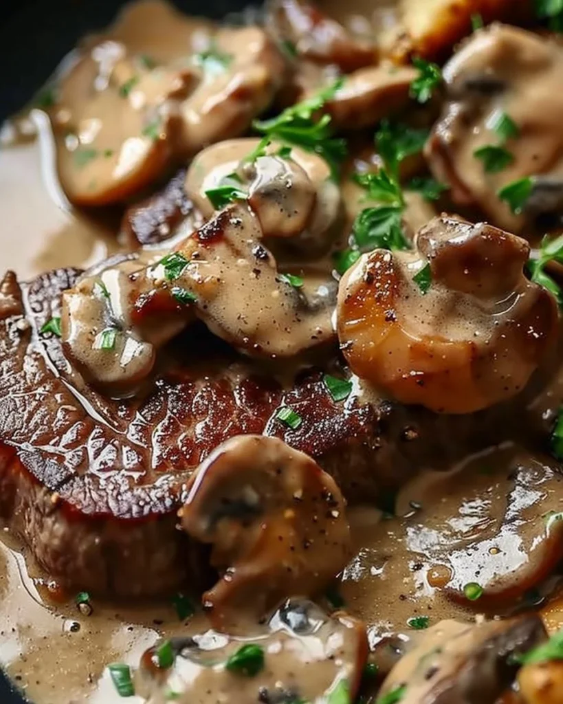 Ribeye steaks with creamy mushroom peppercorn sauce in a skillet